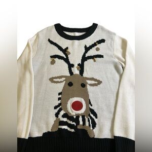 Reindeer Christmas Holiday Ugly Sweater with Jingle Bells Cream Black Size XL